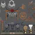 Traditional Ornament Decoration Set With Carved Bull Figurine Metal Necklace And Patterned Plaques
