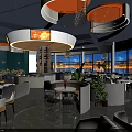 Modern Restaurant Interior With Chef At Bar Counter Green Walls Round Pendant Lights And Plants