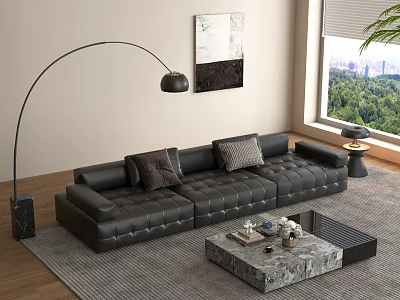 Black Leather Sectional Sofa With Floor Lamp Marble Coffee Table And Window Greenery View 3d model