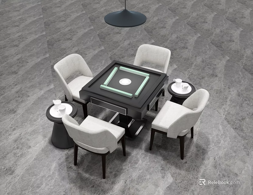 Modern Square Dining Table With Glass Top Four Chairs And Hanging Lamp 3d model 