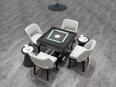 Modern Square Dining Table With Glass Top Four Chairs And Hanging Lamp 3d model