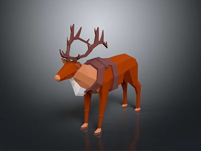 Low Poly Reindeer With Large Antlers Saddle Orange Brown And White Standing On Gray Background 3d model