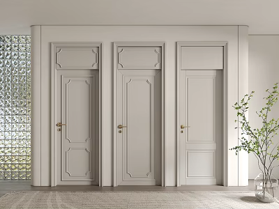 Light Gray Swing Doors With Decorative Panels And Textured Glass Wall In Modern Interior 3d model