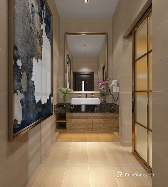 Elegant Hotel Bathroom with Large Mirror Vanity Vase Flowers Art Tiled Walls 3d model 