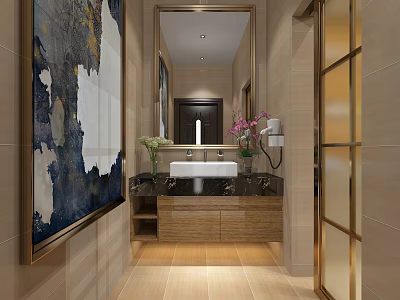 Elegant Hotel Bathroom with Large Mirror Vanity Vase Flowers Art Tiled Walls 3d model
