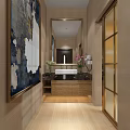 Elegant Hotel Bathroom with Large Mirror Vanity Vase Flowers Art Tiled Walls