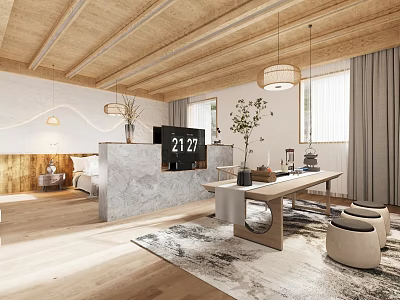 Modern Hotel Room Interior With Wooden Ceiling Pendant Lights Marble Partition Area Rug And Table Stools 3d model