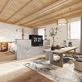 Modern Hotel Room Interior With Wooden Ceiling Pendant Lights Marble Partition Area Rug And Table Stools