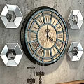 Vintage Dining Table Set with Wooden Top Metal Frame Chairs Vase Flowers Gray Wall Clock