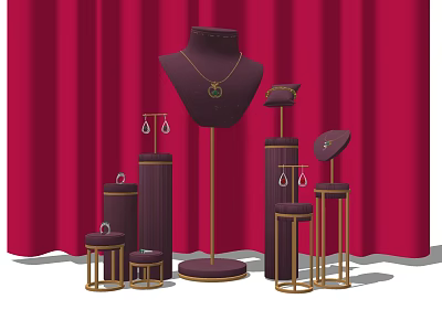 Elegant Jewelry Display Shelves With Necklace Earrings And Ring On Red Curtain Background 3d model