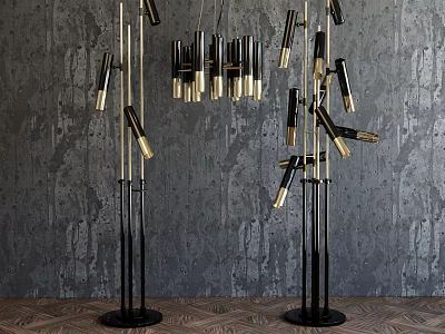 Modern Black And Gold Lighting Fixture Set With Floor Lamps And Chandeliers 3d model