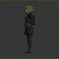 Man In Green Helmet And Blue Coat With Arms Outstretched Standing On Gray Background