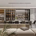 Modern Open Dining and Living Room Interior With Marble Floor And Wooden Panels