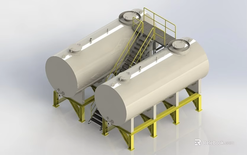 Industrial Equipment Cylindrical Storage Tanks With Yellow Steel Supports And Access Stairs 3d model 