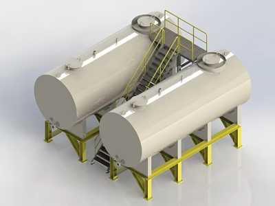 Industrial Equipment Cylindrical Storage Tanks With Yellow Steel Supports And Access Stairs 3d model