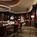 Luxurious Private Box Interior With Round Dining Table Brown Chairs Chandelier Sofa And Red Curtains