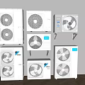 Multiple White Air Conditioner Fans Including Wall Mounted And Standing Types 3d model