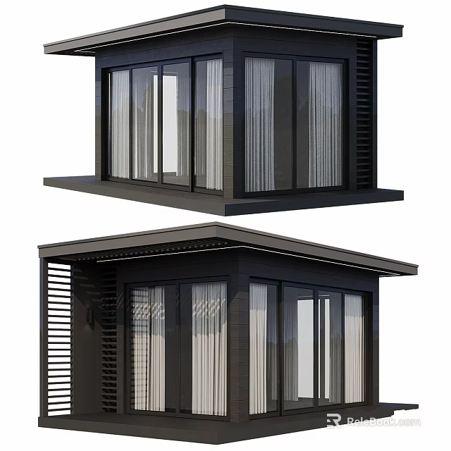 Modern Outdoor Garden Room with Black Frame Large Windows and Louvered Panels 3d model 