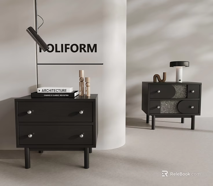 Modern Black Nightstands With Drawers And Decorative Items On Top 3d model 