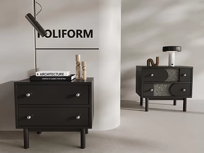 Modern Black Nightstands With Drawers And Decorative Items On Top 3d model