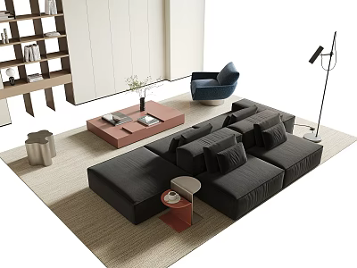 Modern Living Room Black Sofa And Wooden Coffee Table Set With Floor Lamp 3d model