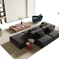 Modern Living Room Black Sofa And Wooden Coffee Table Set With Floor Lamp