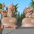 Golden Mythical Beast Sculptures With Ornate Bases Featuring Intricate Carvings Against Lush Trees And Palm Trees