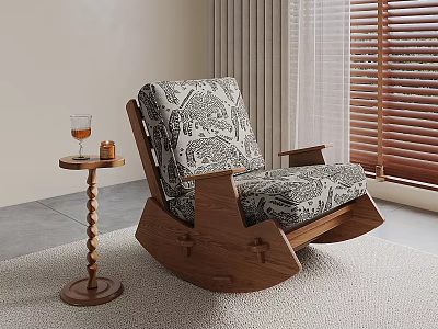 Cozy Indoor Leisure Rocking Chair With Patterned Fabric And Small Round Side Table Near Window Blinds 3d model