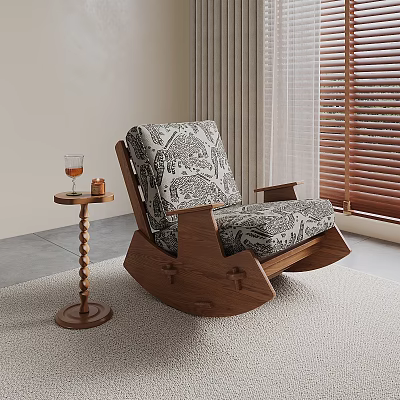 Cozy Indoor Leisure Rocking Chair With Patterned Fabric And Small Round Side Table Near Window Blinds 3d model