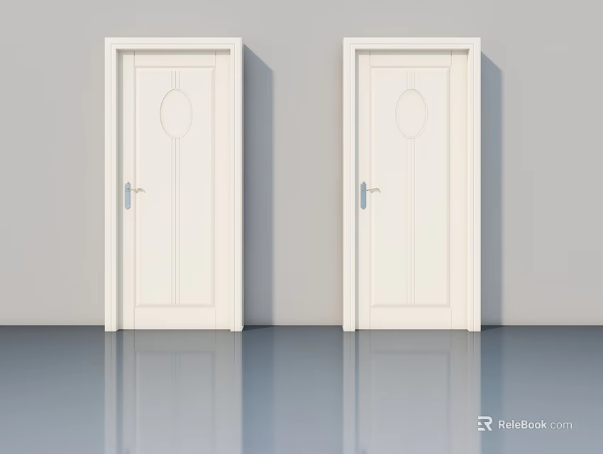 White Swing Doors With Circular Design Silver Handles On Gray Wall And Reflective Floor 3d model 