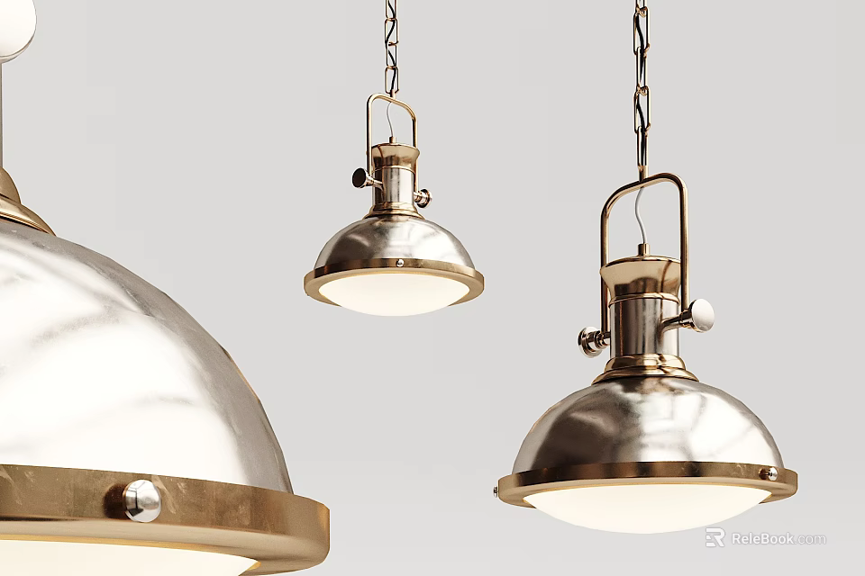 Industrial Metal Pendant Lights With Round Shades And Chain Hangers On Light Background 3d model 