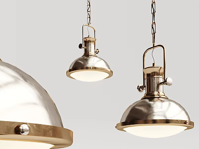 Industrial Metal Pendant Lights With Round Shades And Chain Hangers On Light Background 3d model