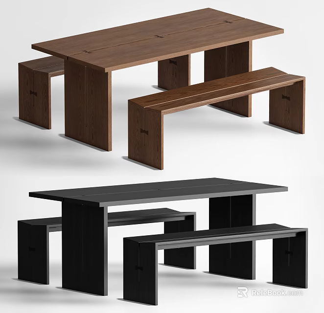 Modern Solid Wood Table and Bench Set in Brown and Black Design 3d model