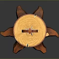 Detailed Sword With Red Hilt Placed On Wooden Tree Stump With Ring Texture