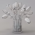 Purple And White Tulips Arranged In Glass Vase With Green Stems