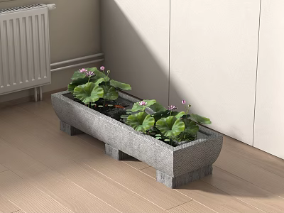 Indoor Water Fountain with Stone Container Lotus Leaves and Pink Flowers on Wooden Floor 3d model