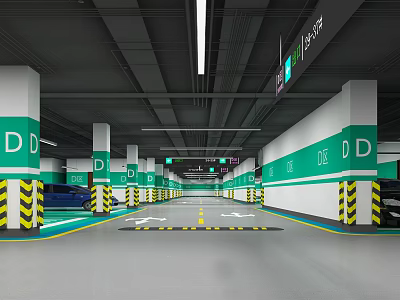 Modern Indoor Parking Garage With Green White Pillars D Section Signs And Yellow Lines 3d model
