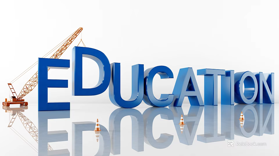 Cartoon Education Scene with Blue 3D Letters Crane Traffic Cones and Reflections 3d model 