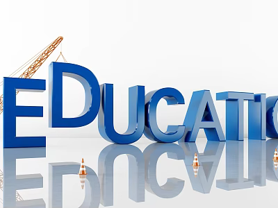 Cartoon Education Scene with Blue 3D Letters Crane Traffic Cones and Reflections 3d model