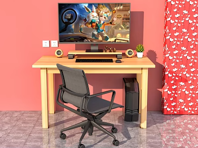 Home Entertainment Setup With Pink Wall Wooden Desk Black Chair Gaming Monitor Speakers And Cactus 3d model