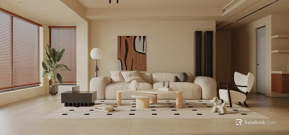 Modern Living Room Interior With Beige Sofa Black And White Checkered Rug And Wooden Tables 3d model 