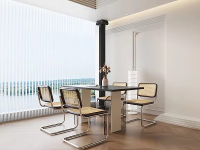 Modern Dining Table Set With Metal Frame Chairs Flower Vase And Window View 3d model