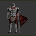 Shiny Metallic Sword Held By Medieval Knight Wearing Armor With Red Cape