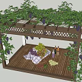 Outdoor Wooden Pergola Covered With Grape Vines And Fruits On Table And Wine Bottles