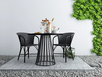Black Round Dining Table Set With Rattan Chairs Green Plants White Wall And Pebble Floor 3d model