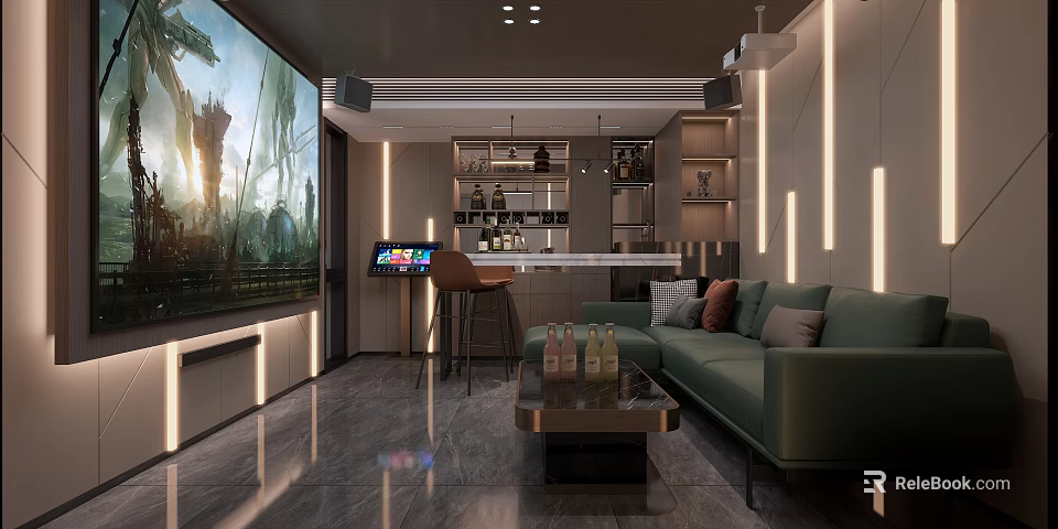 Modern Home Theater Room with Large Screen TV Green Sofa Bar Counter and Lighting Design 3d model 