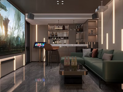 Modern Home Theater Room with Large Screen TV Green Sofa Bar Counter and Lighting Design 3d model
