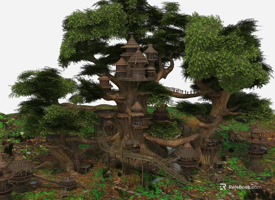 Enchanted Treehouse Village In Giant Tree With Multi Tiered Structures Bridges And Lush Greenery 3d model 