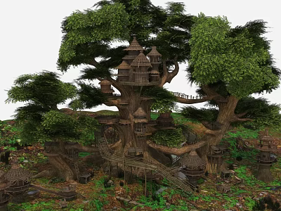 Enchanted Treehouse Village In Giant Tree With Multi Tiered Structures Bridges And Lush Greenery 3d model