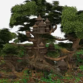 Enchanted Treehouse Village In Giant Tree With Multi Tiered Structures Bridges And Lush Greenery